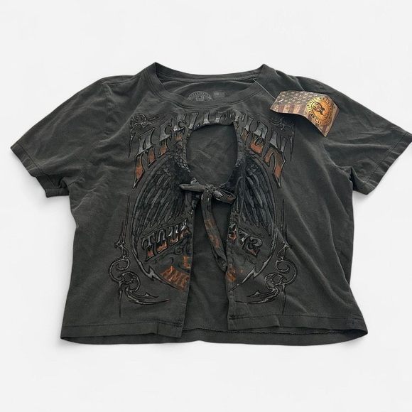 Affliction American Customs Rambling Rose Cropped open keyhole tie front T-Shirt - Picture 2 of 5